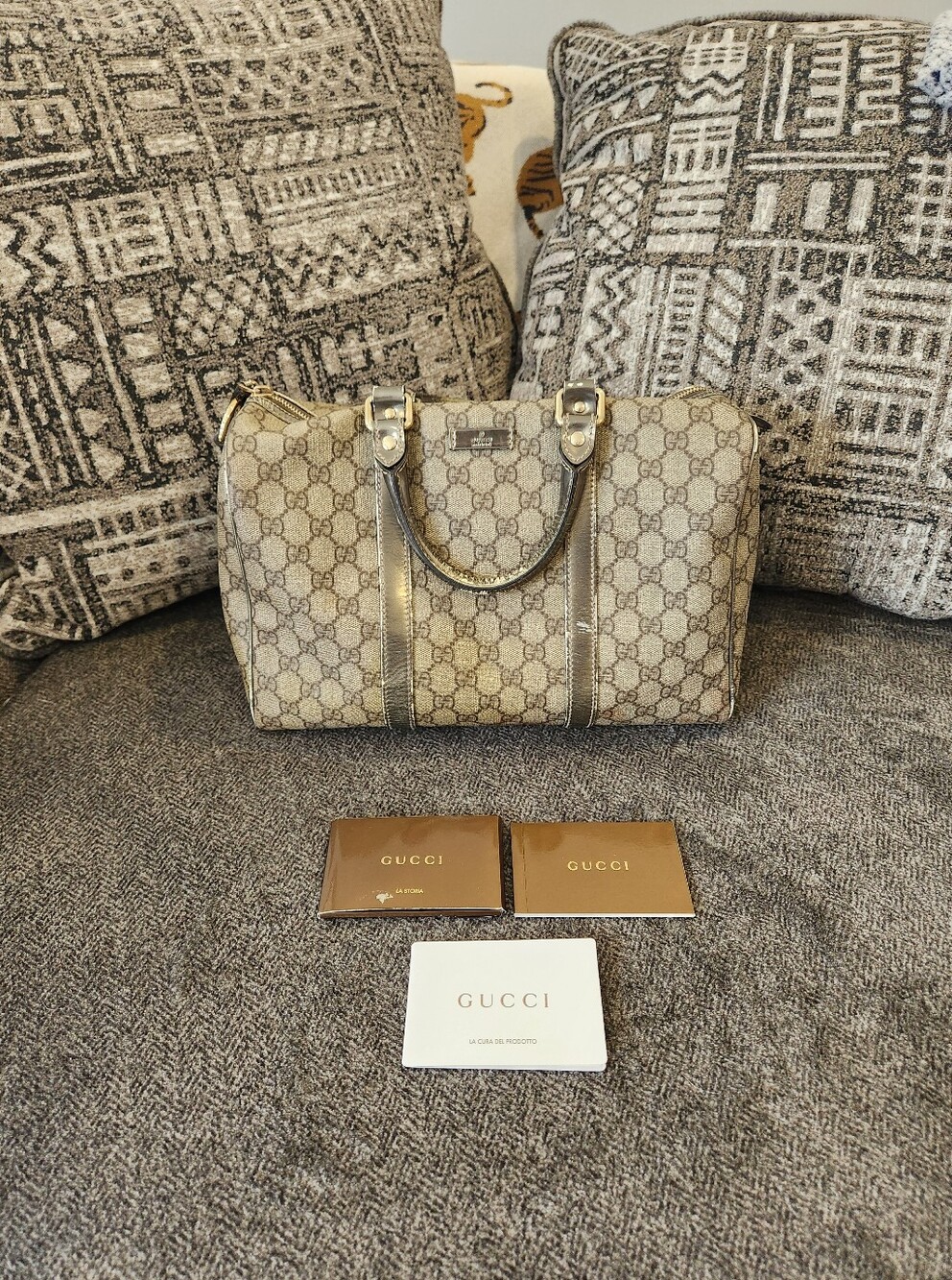 GUCCI Monogram Supreme Pewter Metallic Satchel Purse Bag